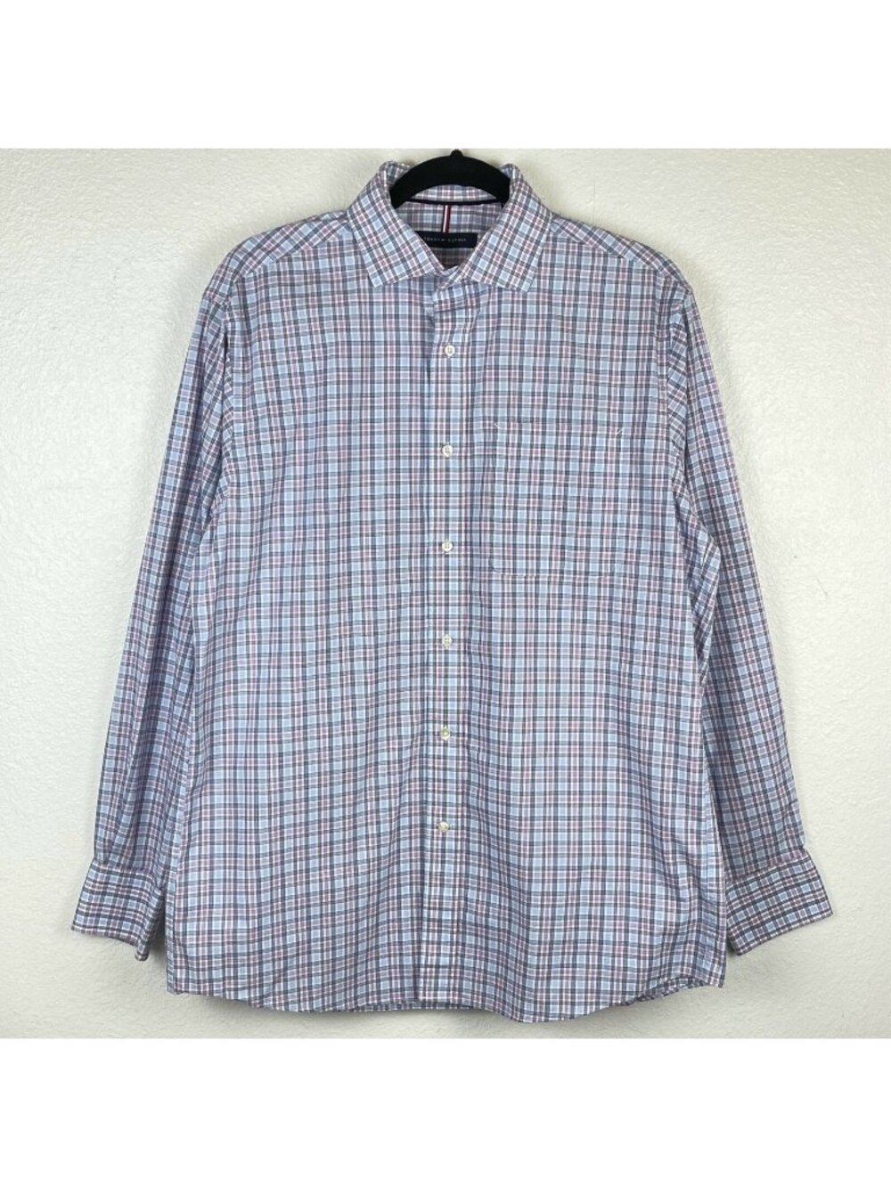 Tommy Hilfiger Dress Shirt Mens M 15-15.5 Plaid Button Front Long Sleeve Blue - Picture 1 of 8